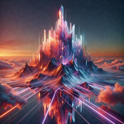 The primary subject of the image is a large, colorful, and futuristic building, which appears to be a castle or a skyscraper. The building is situated in a cloudy sky, giving it a dramatic and surreal appearance. The setting is a combination of a futuristic cityscape and a fantasy world, with the building towering over the clouds. The visual style of the image is a mix of digital art and illustration, creating a vibrant and imaginative scene. The dominant colors